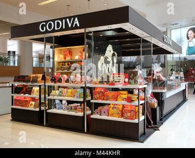 HONG KONG - le 4 février 2018 : Godiva à Hong Kong. Godiva Chocolatier est un fabricant de chocolats haut de gamme fondée en Belgique en 1926. Banque D'Images