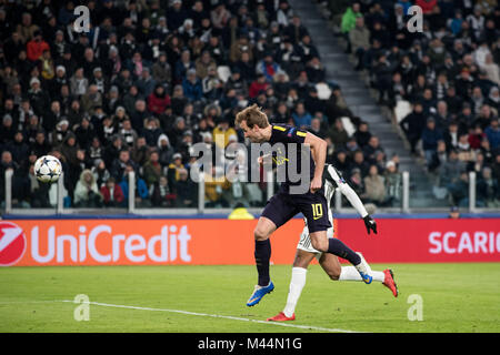 Turin, Italie. Feb 13, 2018. Harry Kane (Tottenham) lors de la Ligue des Champions match Juventus FC vs Tottenham Hotspurs FC. Score final a été 2-2 dans Juventus Stadium, Turin, Italie 13 février 2018 Crédit : Alberto Gandolfo/Pacific Press/Alamy Live News Banque D'Images