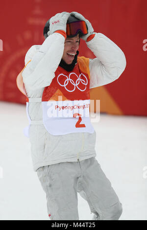 USA's Shaun White célèbre remportant la médaille d'or olympique en snowboard halfpipe Hommes du Phoenix parc de neige au cours de la cinquième journée de l'occasion des Jeux Olympiques d'hiver 2018 de PyeongChang en Corée du Sud. Banque D'Images