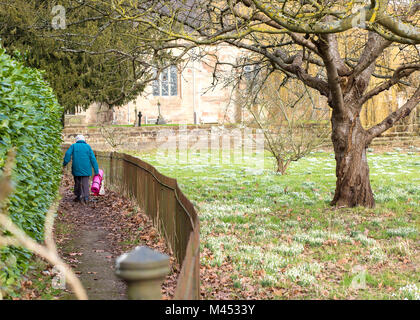 Retraité Retraité dame avec bâton de marche & rose lumineux tapis d'exercice, la marche de l'église du village isolé au Royaume-Uni. Les personnes âgées garder l'ajustement à la retraite. Banque D'Images