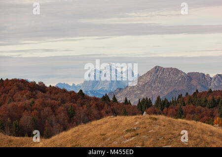 Le Mont Pelmo depuis le Col dei S'cios, forêt de Cansiglio, Veneto, Italie. Banque D'Images