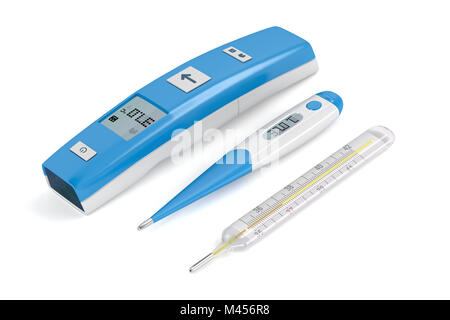 Trois différents types de thermomètres médicaux sur fond blanc Banque D'Images