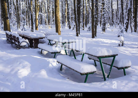 Tables et bancs dans le parc après une importante chute de neige. Photo intéressante pour le site sur la nature, les parcs et les saisons. Banque D'Images