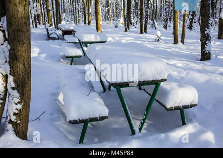 Table et bancs dans le parc après une importante chute de neige. Photo intéressante pour le site sur la nature, les parcs et les saisons. Banque D'Images