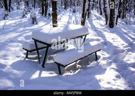 Table et bancs dans le parc après une importante chute de neige. Photo intéressante pour le site sur la nature, les parcs et les saisons. Banque D'Images