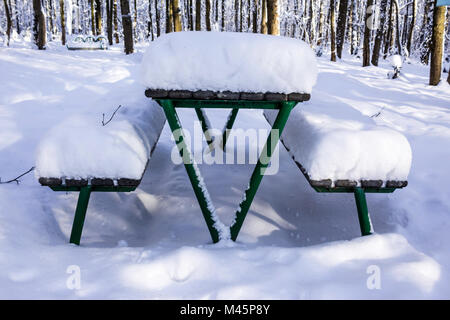 Table et bancs dans le parc après une importante chute de neige. Photo intéressante pour le site sur la nature, les parcs et les saisons. Banque D'Images