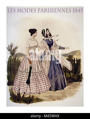 1845 vintage fashion, magazine français Les Modes Parisiennes présente deux dames balade agréable piscine avec parasol et chiffons de fantaisie Banque D'Images