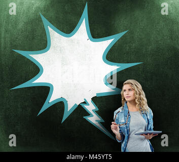 Image composite de woman holding eyeglasses and digital tablet Banque D'Images