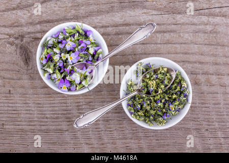 Vue de dessus sur deux bols blancs avec des produits frais et de fleurs séchées à partir de bois sur les violettes des champs backgroun Banque D'Images