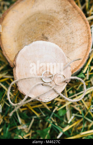 Nature, mariage, accessoires concept. deux anneaux d'or et d'argent adorable pour cérémonie du mariage relié avec corde rugueuse et placés sur les tranches Banque D'Images