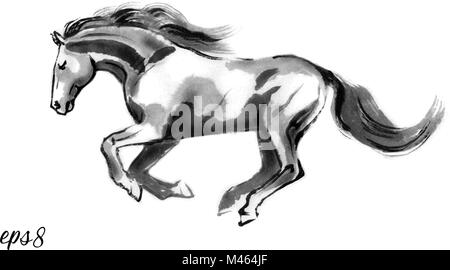 Illustration vecteur de Sumi-e d'un cheval en marche, se déplaçant vers la gauche. Peinture, encre d'Orient isolé sur fond blanc. Illustration de Vecteur