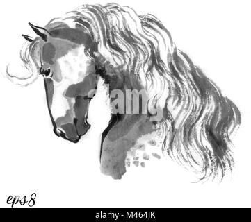 Illustration vecteur de Sumi-e, portrait d'un cheval avec la crinière magnifique. Peinture, encre d'Orient isolé sur fond blanc. Illustration de Vecteur
