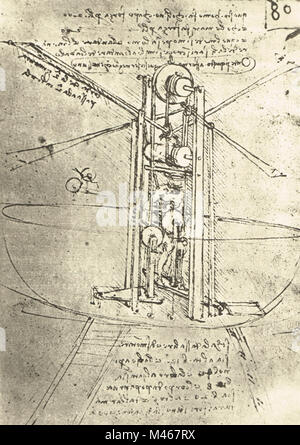 L'homme machine de pilotage, avec l'hélicoptère comme des lames, dessiné par Léonard de Vinci, vers 1488-9 Banque D'Images