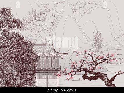 Vector illustration d'un paysage chinois dans le style du vieux peinture chinoise Illustration de Vecteur