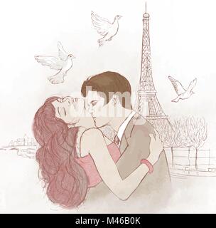 Vector illustration d'un couple kissing in Paris Illustration de Vecteur