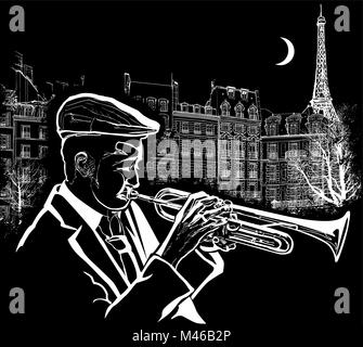 Vector illustration d'un trompettiste sur Paris grunge background Illustration de Vecteur