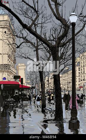 Vector illustration d'une rue de Paris sous la pluie Illustration de Vecteur