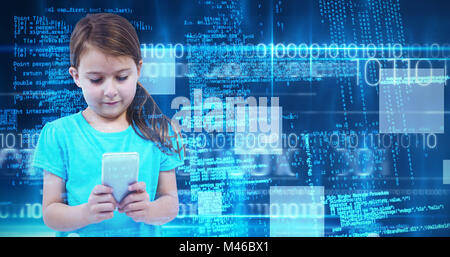 Image composite de cute girl standing using smartphone Banque D'Images