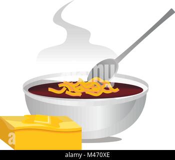 L'image d'un bol de chili et Hot Buttered Cornbread isolé sur blanc. Illustration de Vecteur