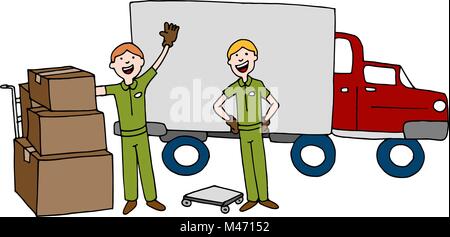 Une image d'une entreprise de déménagement de l'équipe de dessin animé avec chariot et des boîtes. Illustration de Vecteur