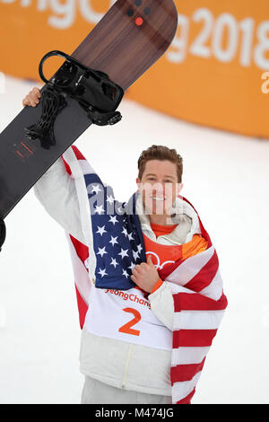 PyeongChang, Corée du Sud. Feb 14, 2018. SHAUN WHITE de USA célèbre remportant une médaille d'or en snowboard halfpipe hommes finale à Phoenix parc de neige pendant l'hiver de Pyeongchang 2018 Jeux Olympiques. Crédit : Scott Mc Kiernan/ZUMA/Alamy Fil Live News Banque D'Images