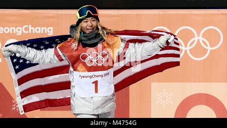 PyeongChang, Corée du Sud. 12 Février, 2018. Médaillé d'or de KIM CHLOE USA en snowboard halfpipe dames finale à Phoenix parc de neige pendant l'hiver de Pyeongchang 2018 Jeux Olympiques. Crédit : Jon Gaede/ZUMA/Alamy Fil Live News Banque D'Images