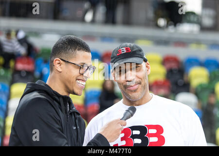 Londres, Royaume-Uni 14 février, 2018. LaVar Ball et famille à BBL basket-ball match aller match de demi-finale entre Londres et Leicester Riders Lions at Copper Box Arena, le parc olympique, Londres. Credit : Carol Moir / Alamy Live News. Banque D'Images