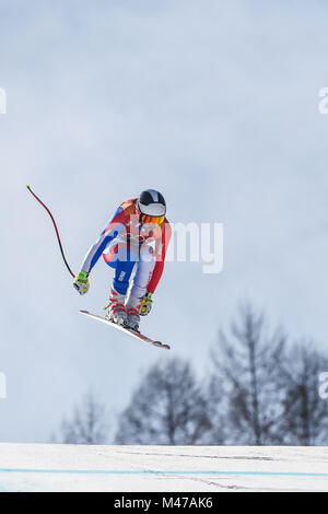 Jeongseon, la Corée du Sud. Feb 15, 2018. Maxence Muzaton Â de France en compétition dans mens descente à Jeongseon centre alpin à Jeongseon, la Corée du Sud. Ulrik Pedersen/CSM/Alamy Live News Banque D'Images