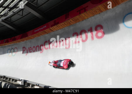 Pyeongchang, Corée du Sud. Feb 15, 2018. Vue générale : squelette squelette pour hommes à la chaleur au cours de la centrale coulissante olympiques PyeongChang Jeux Olympiques d'hiver de 2018 à Pyeongchang, Corée du Sud . Credit : YUTAKA/AFLO/Alamy Live News Banque D'Images