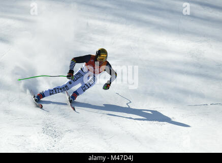 Pyeongchang, Corée du Sud. Feb 15, 2018. Jeongseon, la Corée du Sud. Feb 15, 2018. Thomas de Allemagne Deimos Feeder 3m60 au cours de la descente de ski le ski alpin masculin de l'événement des Jeux Olympiques d'hiver de 2018 dans le centre alpin de Jeongseon dans Jeongseon, Corée du Sud, 15 février 2018. Credit : Angelika Warmuth/dpa/Alamy Live News Banque D'Images