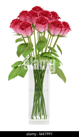 Roses rouges dans vase en verre isolé sur fond blanc Banque D'Images