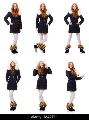 Jolie fille dans des vêtements chauds isolated on white Banque D'Images