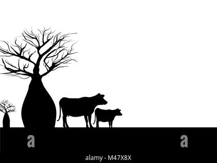 Deux boab arbres et vache fond noir et blanc Illustration de Vecteur