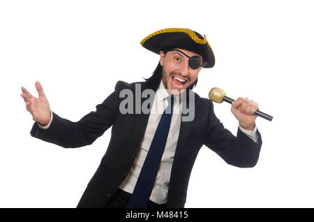 Man pirate le microphone isolated on white Banque D'Images