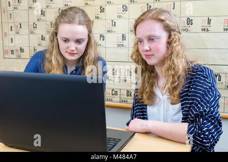 Deux adolescentes néerlandaises travaillant à l'ordinateur en chimie leçon Banque D'Images