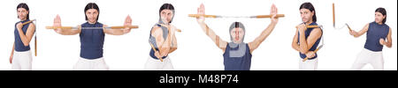 Le funny karate fighter avec nunchucks on white Banque D'Images