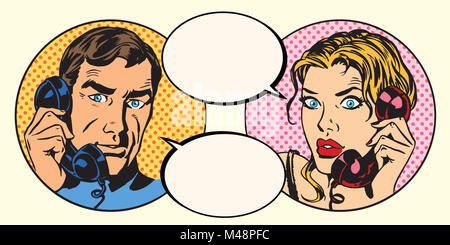 Vintage couple homme et femme parlant au téléphone Banque D'Images