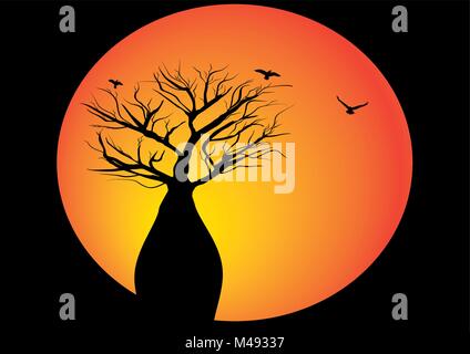 Boab tree avec lune et les oiseaux qui volent autour de l'arbre Illustration de Vecteur