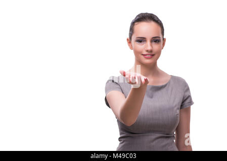 Young businesswoman holding hands isolated on white Banque D'Images