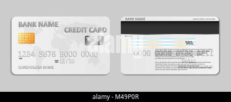 Carte de crédit banque blanc réaliste modèle isolé. Carte de crédit en plastique banque immersive avec puce et carte du monde pour l'avion. Vector illustration Illustration de Vecteur