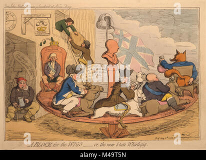 Un bloc pour les perruques - ou, l'état Nouveau. whirligig Caricature montre un carrousel sur lequel asseoir les ministres Charles Fox, Lord North, Edmund Burke et de l'amiral Keppel. Poutre dans le centre de la plate-forme de carrousel est un pilier surmonté d'un buste du roi George III, une perruque et Union Jack suspendu au dessus de la poitrine. Dans l'arrière-plan deux voleurs abaisser un grand paquet dans la fenêtre d'un immeuble. Une inscription au-dessus de la caricature se lit 'Pauvre John Bull's house piller avait à midi." publié en 1783, Gillray, James, 1756-1815, l'artiste Banque D'Images