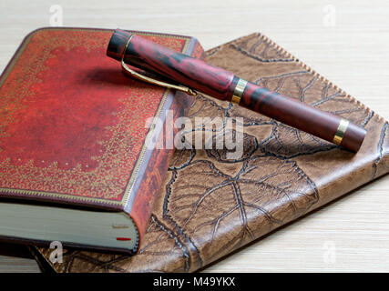 L'écriture-livre dans une couverture en cuir et un stylo Banque D'Images