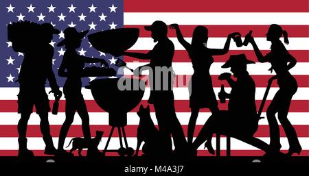 Partie de barbecue Silhouette devant USA Flag. La silhouette de l'image est en une couche différente et peut être utiliser sans le drapeau de l'image. Illustration de Vecteur