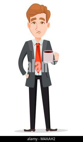 L'homme d'affaires avec des cheveux blonds, personnage. Tired businessman in suit holding cup avec boisson chaude. Vector illustration isolé sur blanc backgroun Illustration de Vecteur