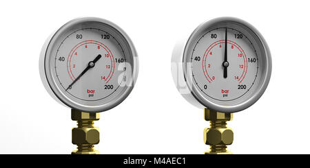 Deux manomètres de gaz haute pression industriel isolé sur fond blanc, de face. 3d illustration Banque D'Images