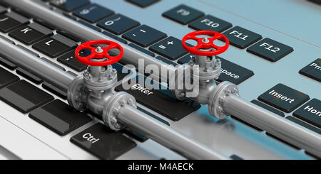 Les canalisations et robinets industriels avec roues rouges sur le clavier de l'ordinateur. 3d illustration Banque D'Images