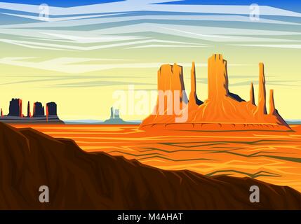 Et la montagne Monument Valley, matin, vue panoramique, pics, début du paysage à la lumière du jour. Le voyage ou le camping, l'escalade, vector illustration pour site Web ou bannière. Piscine hill tops, chasse Mesa, Arizona Illustration de Vecteur