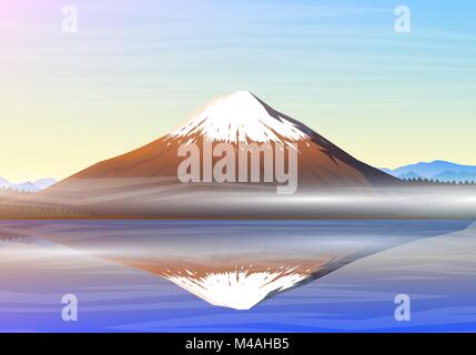 Fuji, montagne matin vue panoramique avec la réflexion sur le lac kawaguchiko, pics, au début d'un paysage plein jour. billet ou le camping, l'escalade, vecteur. Piscine hill tops, au Japon. Illustration de Vecteur
