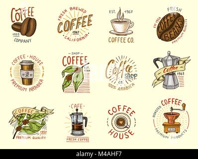 Ensemble de logos café vintage moderne. éléments pour la boutique menu. Vector illustration. Décoration design collection pour badges. style de calligraphie pour les profilés, les étiquettes gravées à la main. dans de vieux croquis. Illustration de Vecteur