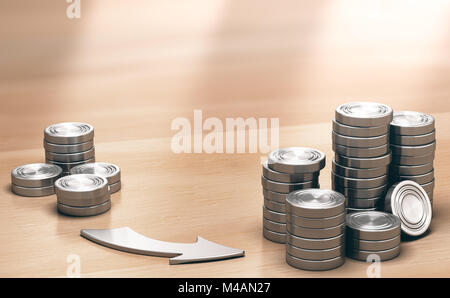 Deux piles de pièces de symboles sur une table en bois et une flèche vers le plus grand. Les profits financiers concept. 3d illustration. Banque D'Images